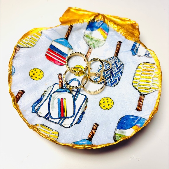 Hand Crafted Jewelry - Handcrafted Shell Ring Dish With Pickleball Decoupage Design